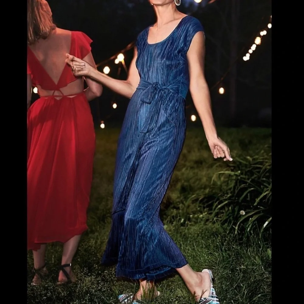 Maeve Sonata Belted Plisse Pleated Belt Tie Wide Leg Blue Jumpsuit